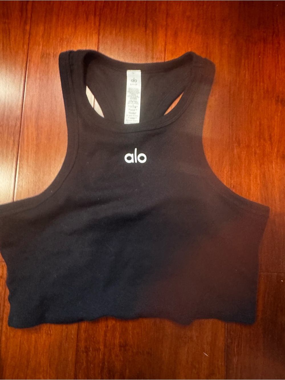 ALO Yoga Black Racerback Crop Tank with White Logo